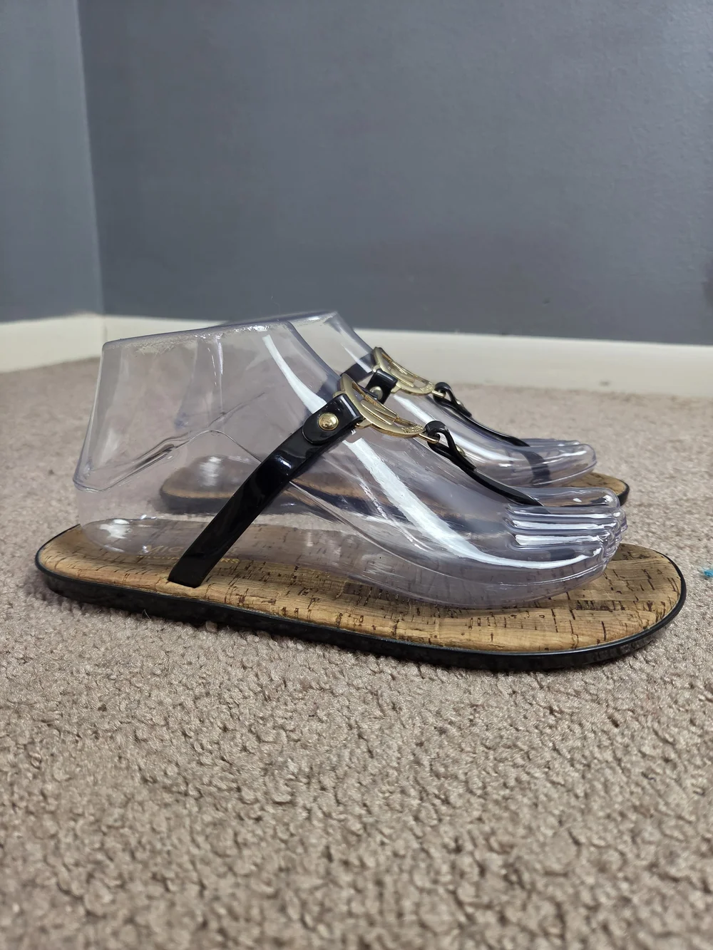 Michael Kors Black and Gold Cork-Style Thong Sandals